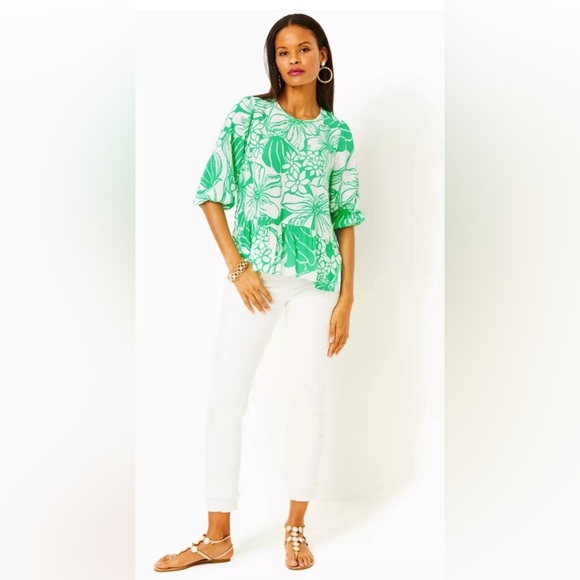 Lilly Pulitzer Aramea 3/4 Sleeve Top Spearmint Oversized Kiss My Tulips Size S - Picture 1 of 8